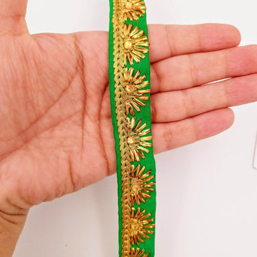 Embroidered Green Silk Trim With Gold Embroidery, Lace Trim By 2 Yard, Decorative Trimming